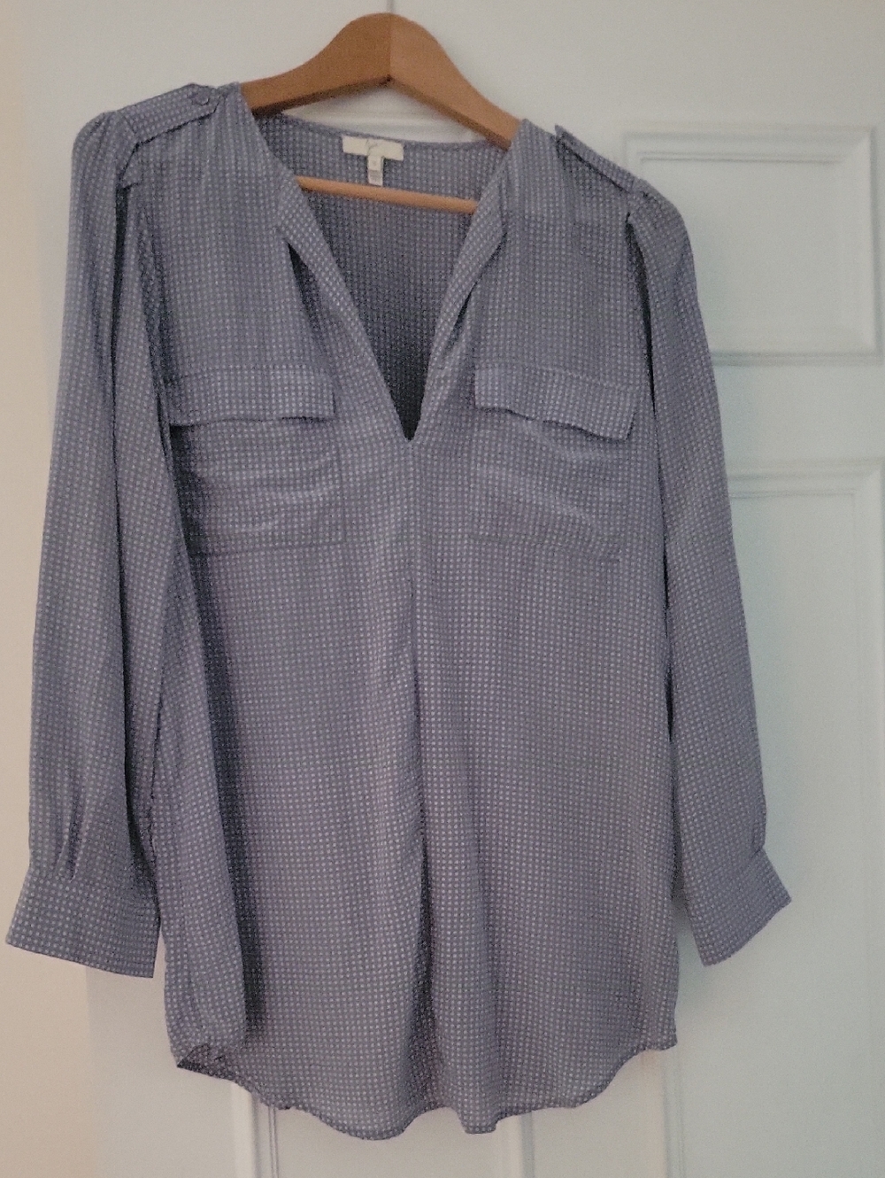 Joie Grayish Blue Dot-Print Long-Sleeve Button Down Silk Blouse